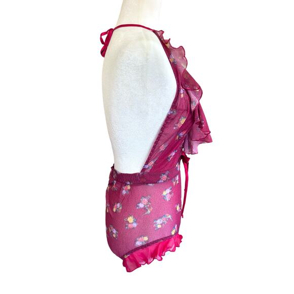 We Are HAH Bodysuit Lingerie Butterfly Red Floral Ruffle‎ Backless Sheer  Small - Picture 11 of 14